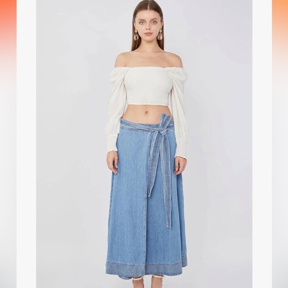 BLUE WHITE ® Blue Women's Casual Wrap Denim Skirt Low Waist Belted Split Front - Picture 2 of 6